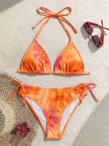 SHEIN Teen Girls' Orange Floral Spaghetti Strap Bikini 2 Pieces Swimwear Set, For Beach Vacation, Spring/Summer - Burnt Orange - View 4