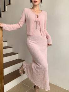 Joudiya Conjunto de 2 piezas para mujer de top corto de gasa rosa con nudo delantero, falda de encaje texturizada y vestido de tirantes finos, para primavera y verano, uso casual en casa/playa/vacaciones/viajes - Rosa - Ver 3