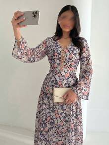 Yasmyna Women's Spring/Summer Woven Digital Printed Long Sleeve Embroidered Ruffle Drawstring Waist A-Line Elegant Romantic Arabic Dress Elegant Dress - Multicolor - View 8