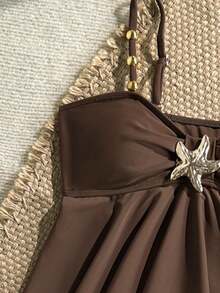 SHEIN Conjunto de bikini de niña preadolescente con cuello de halter de ganchillo marrón y volantes - Marrón - Ver 3