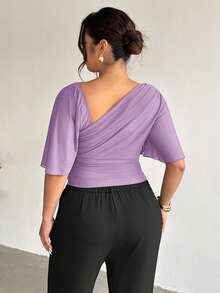Firerie Plus Size Women Elegant Solid Color Asymmetrical Shoulder Top - Purple - View 2