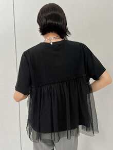 FRIFUL Women's Solid Color Round Neck Short Sleeve T-Shirt With Mesh Ruffle Hem School - Black - View 6