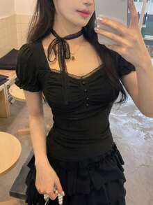 DAZY 女士优雅系带长袖T恤，适合春秋季穿着 - 黑色 - 查看 3