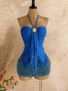 Soleia Camiseta asimétrica con decoración de conchas marinas, adecuada para vacaciones en la playa, verano - azul real - Ver 5