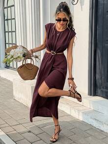 Serisse Women's Summer Minimalist Metal Buckle Decor Hollow-Out Slit Dress,Dresses For Women Summer - Red Violet - View 7