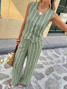 SHEIN Frenchy Bộ đồ nữ mùa hè kiểu dáng thường ngày, kẻ sọc, cài cúc phía trước, gồm áo tank top và quần dài. - màu xanh lá - Xem 7