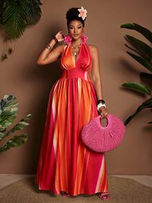 Maweii Plus Size Printed Halter Tie Back Deep V-Neck Dress - Multicolor - View 4