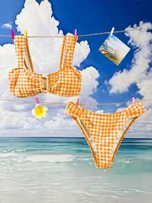 Swim Mod 女款新款圓點印花寬肩帶U領比基尼套裝，短版上衣與高衩比基尼泳褲，性感夏季泳裝 - 彩色 - 查看 4