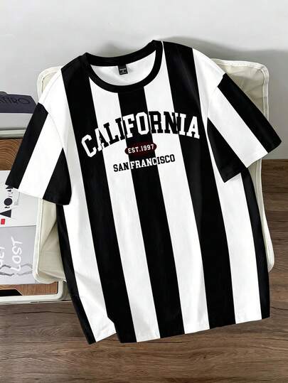 Solurane Fashionable Casual Vintage Colorblock Striped Arched American College English Slogan Digital Print Pattern Slim Fit Crew Neck Short Sleeve T-Shirt, Suitable For Dates, Gatherings, Essential Outfit, Suitable For Couples, Family Matching, Great Gift For Boyfriend