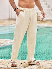 Mercer Haus Men's Drawstring Waist Stitching Design Pants, Autumn - Apricot - View 5