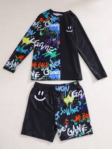 SHEIN Tween Boy Casual Fitted Video Game Glow-In-The-Dark Pattern Tankini 2 Pieces Swimsuit, Suitable For Spring/Summer, Beach Vacation - Multicolor - View 3