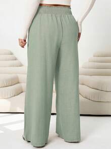SHEIN CURVE+ Plus Size Women Solid Color Waist Drawstring Wide Leg Pants - Mint Green - View 3