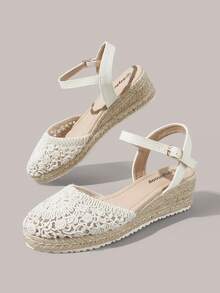 Styleloop Giày sandal đế xuồng nữ bằng dây gai dầu và rơm, màu be, quai ngang mắt cá chân, gót rỗng, kiểu dáng Pomisian, thích hợp đi chơi, nghỉ mát, hẹn hò hàng ngày, đi biển, du lịch, phong cách thường ngày cho nữ. - Màu be - Xem 4