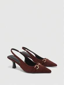 CUCCOO BIZCHIC 女士春夏金属扣尖头高跟绒面革后跟带纯色高跟鞋，适合日常通勤、约会等场合，百搭时尚 - 咖啡棕A - 查看 10