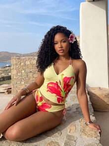 BamGleam New Spring/Summer Women's Position Printed Lace-Up Tankini Swimsuit Set, Women S Swimsuits Tummy Control, Yellow Bathing Suit Top Vacation Beach - Multicolor - View 5
