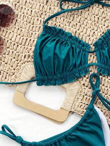 Swim Basics Summer Beach Frill Trim Halter Bikini Top - Teal Blue - View 4