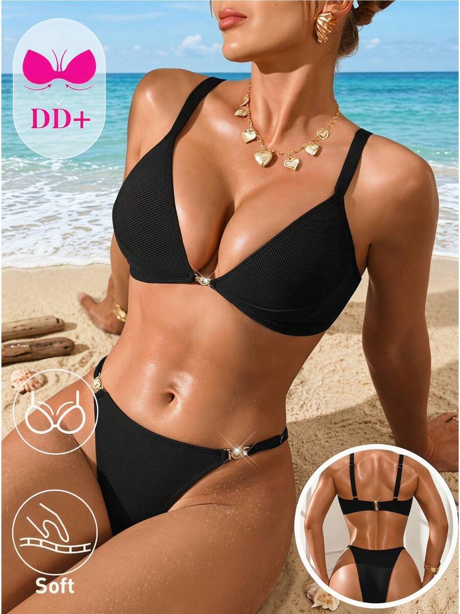 Voyashape 女士夏季沙滩金属装饰性感文胸和三角比基尼套装 - 黑色 - 查看 1