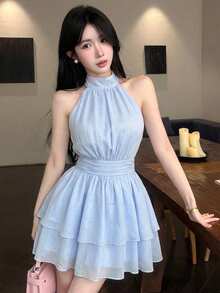 DAZY Chân váy ngắn cổ yếm màu xanh dương, kiểu dáng giản dị, ngọt ngào, thích hợp cho lễ hội âm nhạc, ngày Valentine, đám cưới, tiệc tùng, sự kiện thời trang, đi làm thanh lịch, váy cocktail ôm sát, váy hè cho nữ. - Màu xanh lam - Xem 1