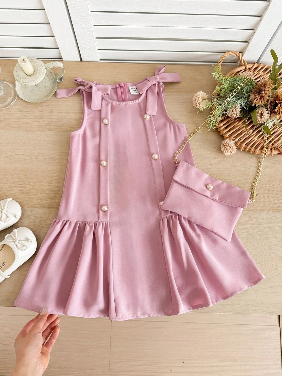 SHEIN LMoss Kids 女童纯色圆领无袖修身连衣裙 - 淺粉色 - 查看 1