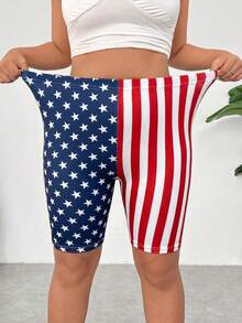 Muchica Plus Size Summer Fashion Elastic Striped & Star Print Skinny Shorts - Multicolor - View 4