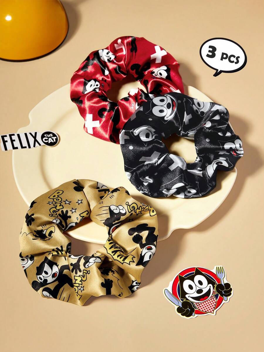 SHEIN Felix The Cat Pack Of 3, Cute, Fashionable, Soft Gloss, Large Intestine Ring, Cartoon Printed Hair Band, Gold & Red & Black, Cat, Suitable For Beauty Use, High Ponytail. - 彩色 - 查看 1