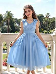 SHEIN Elegantes Mädchenkleid aus Chiffon Einfarbig mit 3D-Schleifen-Schulterdesign, leicht und weich, geeignet für Urlaub, Abschluss, Schulanfang, Hochzeitssaison, Partys und formelle Anlässe - Pink - Übersicht 1