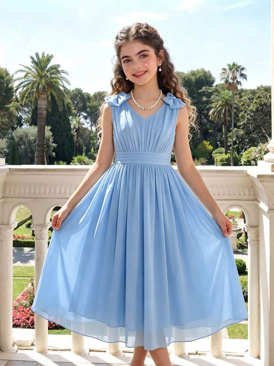SHEIN Elegantes Mädchenkleid aus Chiffon Einfarbig mit 3D-Schleifen-Schulterdesign, leicht und weich, geeignet für Urlaub, Abschluss, Schulanfang, Hochzeitssaison, Partys und formelle Anlässe - Pink - Übersicht 1