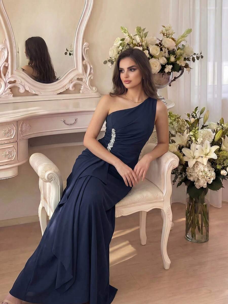 Modelyn Thời trang mới cho quý cô thanh lịch vừa vặn cổ bất đối xứng không tay, trang trọng, váy dự tiệc, váy dài, cho buổi tối, khách dự tiệc cưới - Màu xanh hải quân - Xem 1