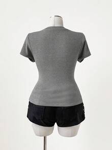 Sunspun Nueva Dulce Vacación, Blusas Elegantes para Salir, Lazo, Blusa de Tela de Punto con Ribete de Encaje Cuello en V Manga Corta, Blusa de Encaje Casual Versátil para Mujeres - Gris - Ver 2