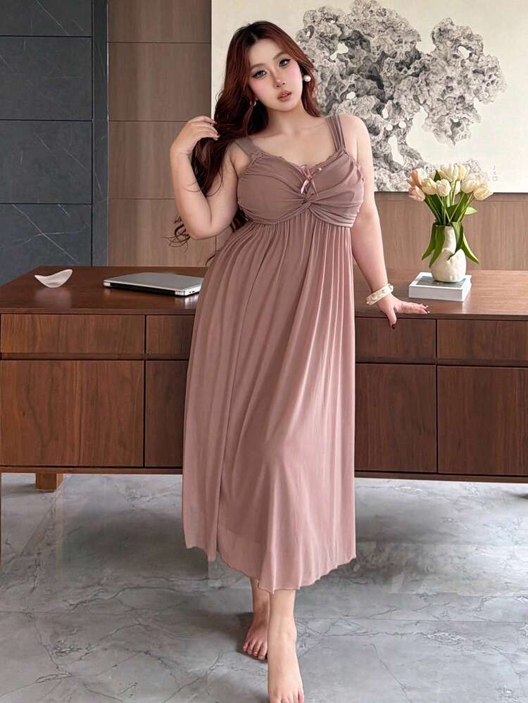 Dazy Plus Plus Size Solid Color Mesh Fitted Bow Tie Sexy Sleeveless Slip Dress, Long Pink Spring/Summer Nightgown