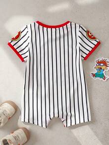 Nick 90s | SHEIN Baby Boy Summer Casual Vacation & Daily Wear Cartoon Character & Striped Print Romper - Red - View 2