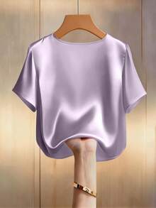 GlowEve CURVE Áo sơ mi tay ngắn dáng suông, chất liệu satin lụa bóng, bóng mượt, cỡ lớn, đính ngọc trai, thích hợp mặc đi làm, hẹn hò. - Màu Lilac Tím - Xem 2