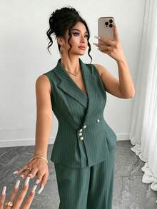 Elenzga Plus Size Women Commuting Minimalist Striped Vest And Pants 2 Pieces Set - Teal Blue - View 6