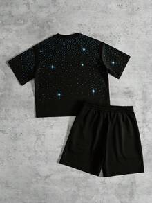 ROMWE MEN Street Life Men's Shiny Rhinestone Decor Round Neck Short Sleeve T-Shirt And Shorts Set, Summer Fashion - Black - View 2