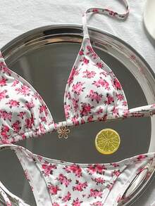 Swim Mod 女款白色碎花細肩帶比基尼套裝，夏季熱帶度假泳裝，高衩綁帶側邊，適合泳池派對與海灘度假，性感泳衣 - 彩色 - 查看 4