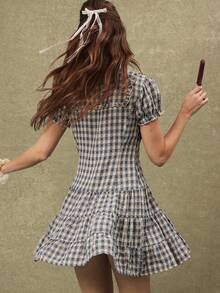 WESTFADE Vestido corto de mujer con mangas abullonadas, volantes, botones y cintura baja con volantes en estampado de cuadros - Azul y blanco - Ver 6