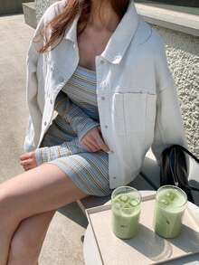 DAZY Bộ đồ nữ gồm áo khoác cardigan dài tay kẻ sọc và váy hai dây, kiểu dáng thường ngày. - Màu xanh lam - Xem 9