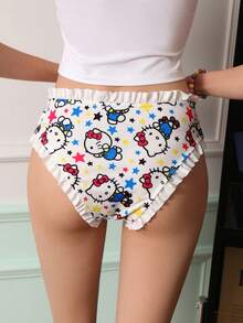 Chillnights HELLO KITTY AND FRIENDS | SHEIN Women Cute Cartoon Print Bow Decor Ruffle Trim Panties - White - View 2