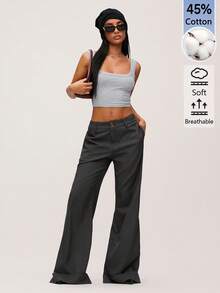 SHEIN BASICS 女款素色時尚百搭圓領短版休閒背心上衣夏季服飾 - 灰色 - 查看 5
