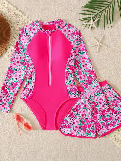 Kids Tween Girls Ditsy Floral Bikini Sets, Tropical Plant Print Swimsuit With Rash Guard, Long Sleeve Swimwear, Teenage Girls Swimsuit With Zipper Shorts, Long Sleeve Swimsuit Set, Swimsuit With Rash Guard Pants, Children Swimwear, Long Sleeve, Young Girls Conservative Swimsuit, Girls Holiday Outfit, Long Sleeve Swimsuit With Shorts