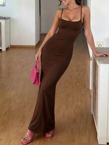 INAWLY Solva Women's Solid Color Fitted Elegant Spaghetti Strap Summer Dress - Coffee Brown - View 4