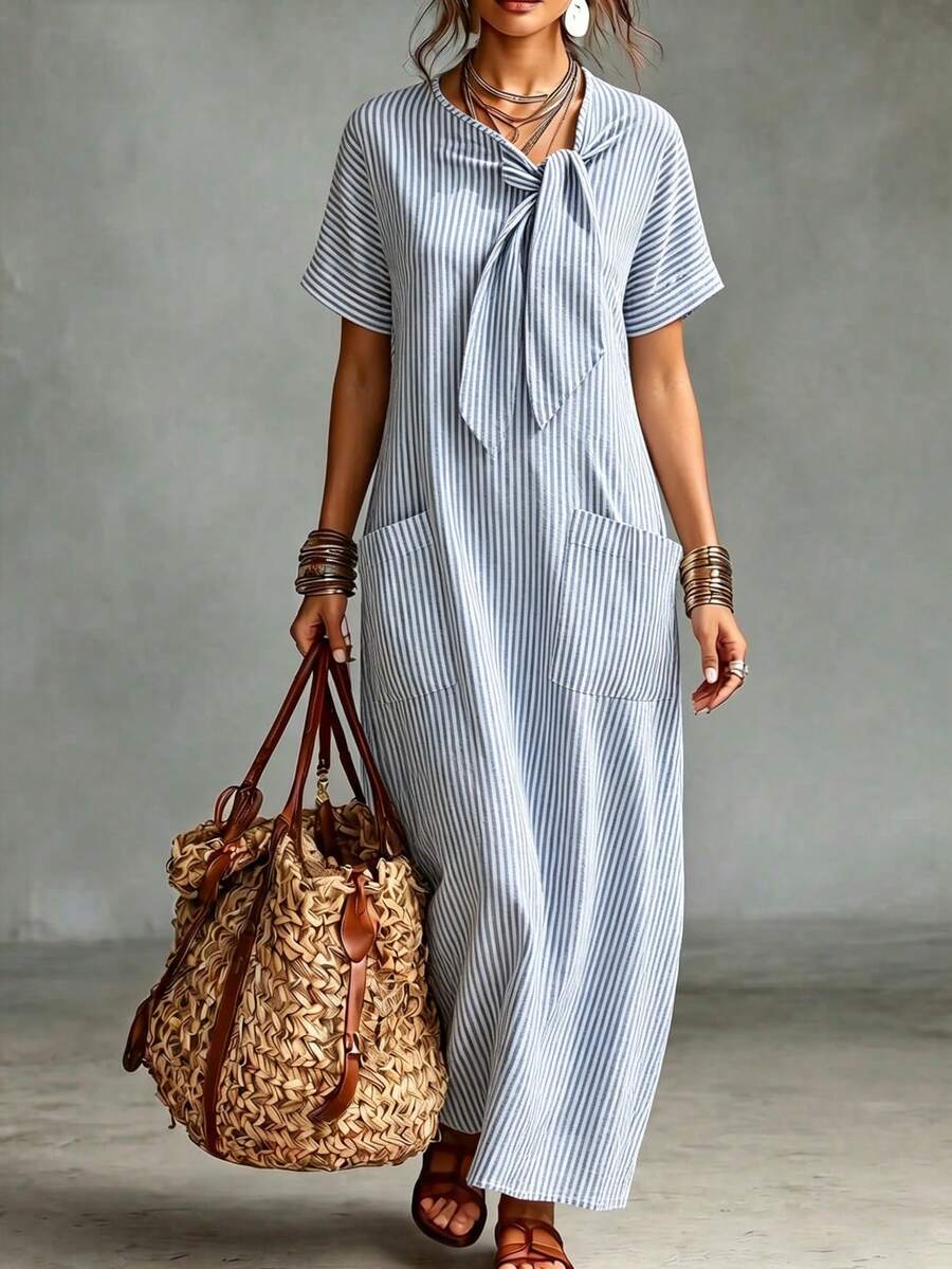 Breezaya Đầm nữ dáng rộng, đơn giản, tay ngắn, cổ bẻ, thắt nơ, có túi, kẻ sọc, thích hợp cho kỳ nghỉ, du lịch, đầm kẻ sọc, đầm xanh, đi biển, đảo, mùa hè, thoải mái, dáng suông, đầm thường ngày, đầm thanh lịch. - Màu xanh lam - Xem 1