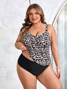 SHEIN CURVE+ Bộ đồ bơi tankini 2 mảnh in họa tiết dành cho nữ cỡ lớn, bikini hở lưng, thích hợp cho kỳ nghỉ hè. - Màu be - Xem 4