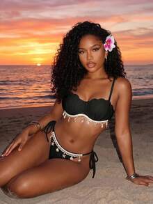 BamGleam Conjunto de bikini para mujer de unicolor con tela texturizada, decoración de concha de soporte y lazo lateral para vacaciones de verano - Negro - Ver 5