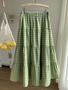 Comfortcana Plus Size Green Plaid A-Line Skirt, Suitable For Spring/Summer Vacation - Green - View 9
