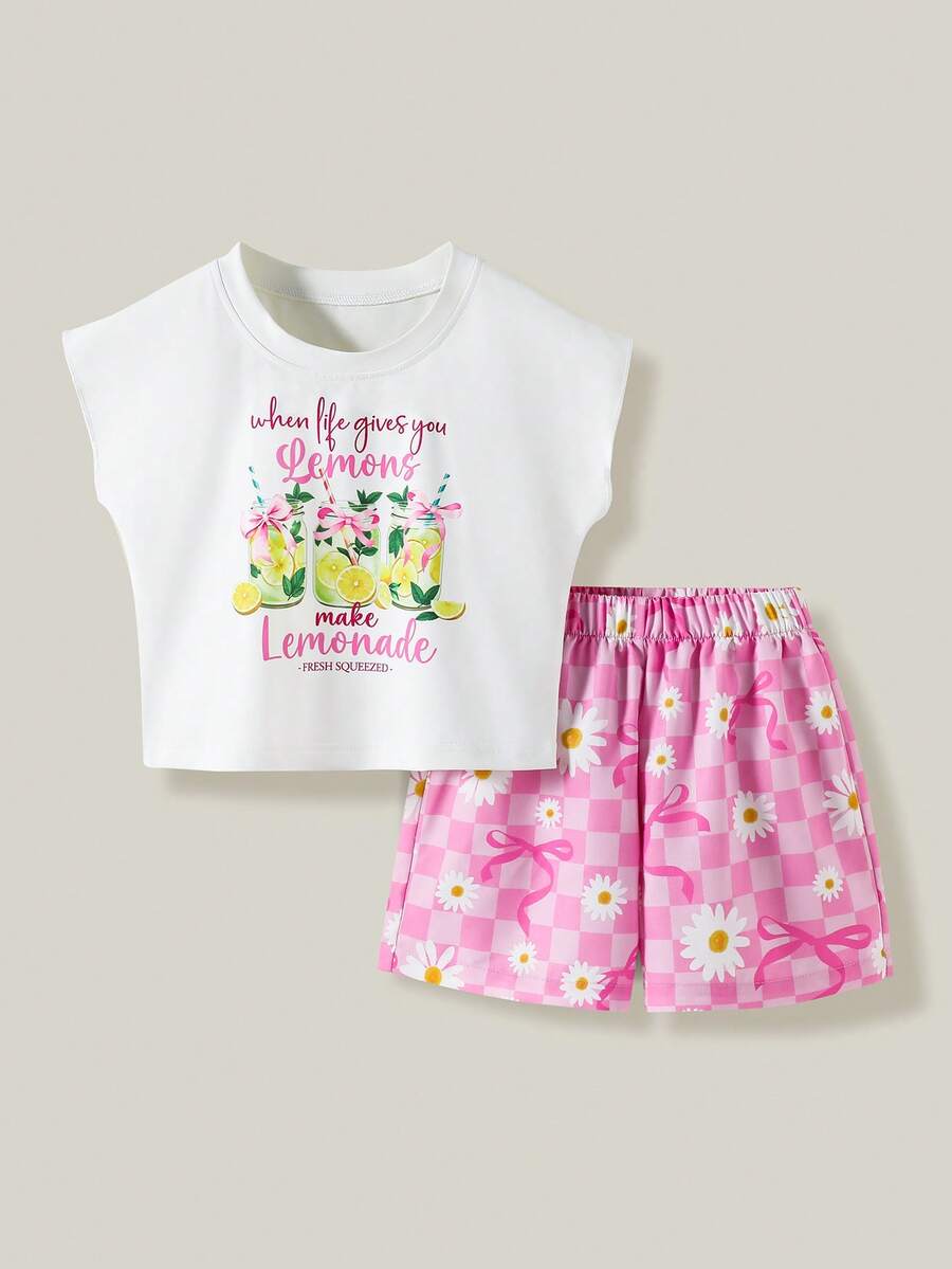 SHEIN Casuvi Kids 女童柠檬印花无袖上衣和花卉蝴蝶结格子短裤两件套,清新舒适的休闲装扮 - 彩色 - 查看 1