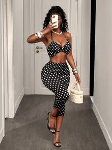 SHEIN PETITE 2pcs/Set Summer Sexy Polka Dot Print Backless Halter Crop Top And Shorts - Multicolor - View 5