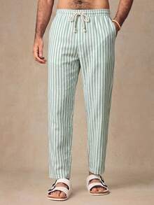 HIMLAND Men's Casual Woven Vertical Striped Mid-Waist Drawstring Tapered Pants - Green - View 4
