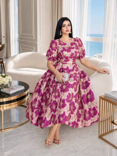 SHEIN Lady CURVE Đầm thanh lịch cổ tròn tay cánh hoa họa tiết hoa jacquard dành cho nữ cỡ lớn