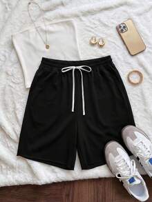 Comfortcana Quần short Bermuda nữ cỡ lớn, kiểu dáng thể thao thường ngày, chất liệu cotton nguyên chất, màu đen, có dây rút, dễ phối đồ, có túi, phong cách retro sinh viên, mang hơi hướng thể thao cổ điển. - màu đen - Xem 4